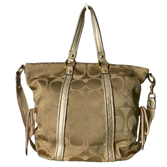 COACH Poppy Large Canvas Gold Tan Tote Shoulder Bag Crossbody - Picture 2 of 8